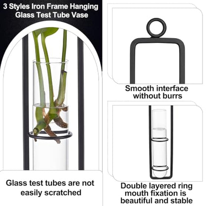 5 Sets Hanging Glass Propagation Station, 3 Styles Iron Frame Transparent Test Tube Plant Vases Wall Mounted Hydroponic Planters for Outdoor Indoor Balcony Home Decor