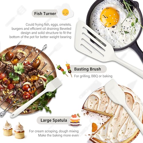 HaWare 11 PCS Silicone Cooking Utensils Set, Heat Resistant Kitchen Utensils with Holder, Food-grade Spatula Sets for Nonstick Cookware, Kitchen Tools Gadgets Include Fish Turner, Spoon (White) - color: White