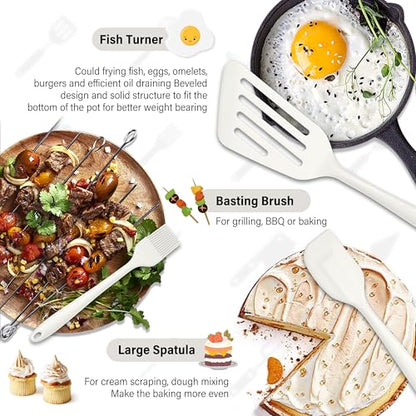 HaWare 11 PCS Silicone Cooking Utensils Set, Heat Resistant Kitchen Utensils with Holder, Food-grade Spatula Sets for Nonstick Cookware, Kitchen Tools Gadgets Include Fish Turner, Spoon (White) - color: White