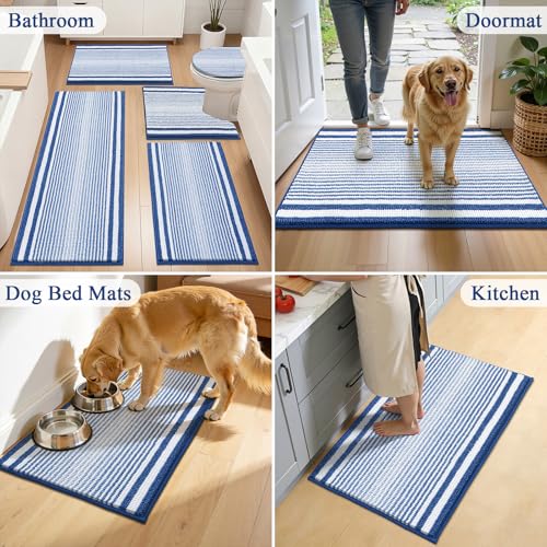 HEBE Chenille Bathroom Rugs Sets 3 Piece, Non Slip Washable Bath Mats Set | Absorbent Bathroom Mat Set, Soft Bath Rugs, Ultra Plush Bath Mat and U-Shaped Contour Toilet Rug Set for Tub Shower, Blue - color: Blue