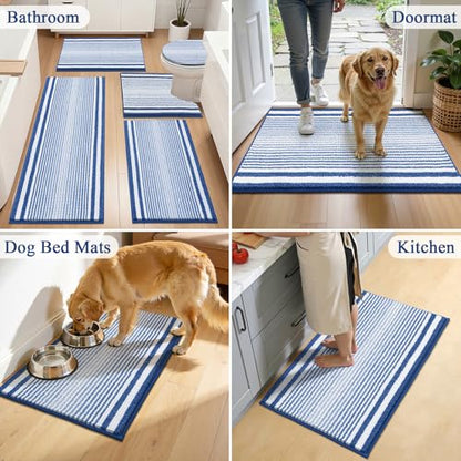 HEBE Chenille Bathroom Rugs Sets 3 Piece, Non Slip Washable Bath Mats Set | Absorbent Bathroom Mat Set, Soft Bath Rugs, Ultra Plush Bath Mat and U-Shaped Contour Toilet Rug Set for Tub Shower, Blue - color: Blue