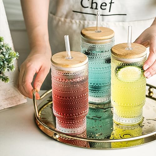 KEMORELA Set of 6 Hobnail Drinking Glasses with Cool Glassware Lid and Straw, 16oz XL Highball Bubble Cocktail, Old Fashioned Beverage Glasses, Romantic Water Glasses for Juice - color: 6PCS-16 Oz With Lid