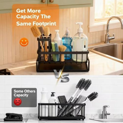 Stainless Steel Sink Caddy Sponge Holder for Kitchen Sink, Countertop Organization Storage with Movable High Brush Holder, Soap Dispenser Set Tray Counter Storage Rack, Home Decor Accessories ﻿