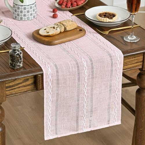 Artoid Mode Pink Rustic Cotton Linen Table Runner, Seasonal Embroidered Hollow Kitchen Dining Table Decoration for Home Party Decor 13x36 Inch - color: Pink, size: 13" x 36"