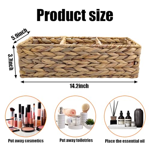 2 Pack 3-Section Woven Water Hyacinth Baskets Rectangular Storage Bins | Multi Compartment Desk Organizer for Countertop, Coffee Bar, Pantry and Toilet Tank Shelves