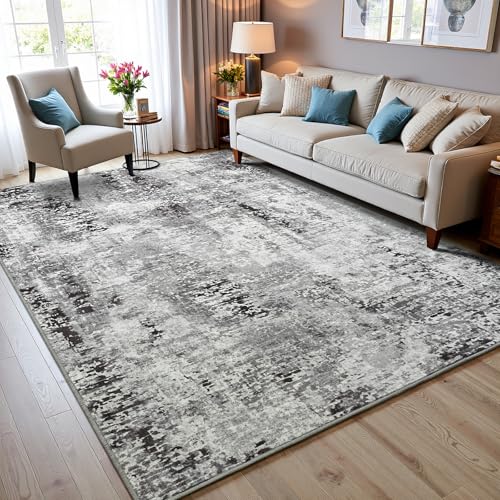 Living Room Area Rug 7x10 Rugs Modern Machine Washable Rug Non Slip Low Pile Large Abstract Rug for Living Room, Bedroom, Farmhouse, Dining Room, Black&Grey - color: Dark Grey, size: 7' x 10' (Rectangular)