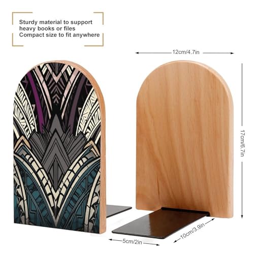 Art Deco Geometric Pattern Wood Bookend for Shelves 1 Pair | Large Beech Wooden Book Ends with Metal Base, Non-Slip Heavy Duty Bookends, Decorative Book Stopper for Home Office Library
