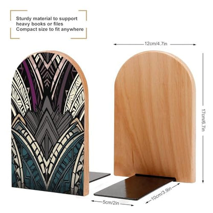 Art Deco Geometric Pattern Wood Bookend for Shelves 1 Pair | Large Beech Wooden Book Ends with Metal Base, Non-Slip Heavy Duty Bookends, Decorative Book Stopper for Home Office Library