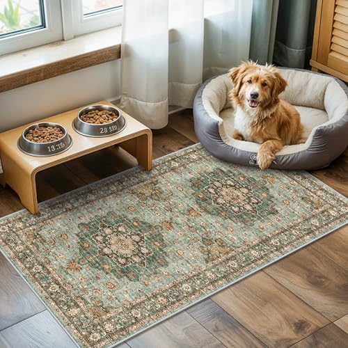 Washable 2x4 Entryway Area Rugs: Vintage Floral Water Resistant Kitchen Rug | Non-Slip Durable Doormat Ultra Soft Living Room Bedroom Carpet Indoor Low Pile Floor Mat for Bathroom Dining Room(Green, 2X4) - color: Green, size: 2' x 4' (Rectangular)