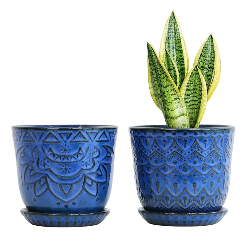 Gepege Ceramic Plant Pots, 6 Inch Indoor Planters with Drainage & Saucers | Ceramic pots for plants with drainage holes, ceramic saucers and mesh pads, ideal for flowers, herbs and succulents, set of 2 - color: Blue-c, size: 6 Inch - Set of 2