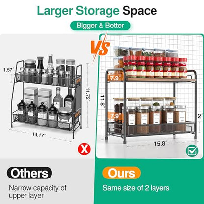 Spice Rack Organizer for Countertop with Wood Top, 2-Tier Foldable Metal Rust-Proof Standing Large Seasoning Storage Shelf with Guardrail & Mesh Design for Kitchen Cabinet Living Room, Black - size: Black-1 pack (with Wood Top)