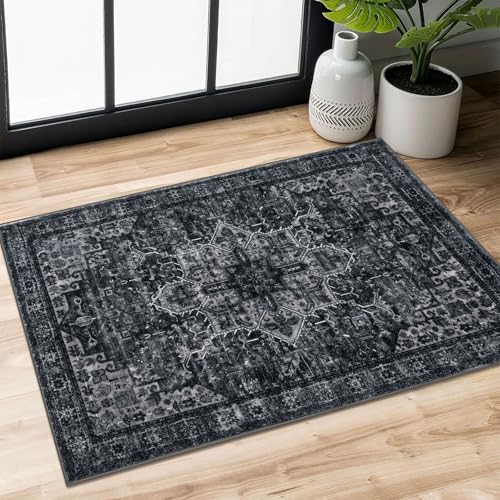 SIILOOM 2x3 Small Washable Area Rug Entryway Door Mat Indoor Kitchen Runner | Soft Boho Vintage Non Slip Entry Carpet for Entryway Kictchen Front Backdoor Hallway Bedside Bedroom, Easy Clean - color: Black White, size: 2' x 3' (Rectangular)
