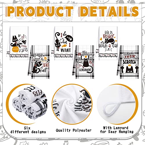 Redbaker 6 Pcs Black Cat Theme Kitchen Towels Funny Dish Towel | Black White Kitchen Hand Tea Dishcloth with Hanging Loop for Cat Lover Bathroom Home Housewarming Gift - style: Black Cat