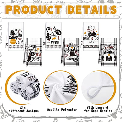 Redbaker 6 Pcs Black Cat Theme Kitchen Towels Funny Dish Towel | Black White Kitchen Hand Tea Dishcloth with Hanging Loop for Cat Lover Bathroom Home Housewarming Gift - style: Black Cat