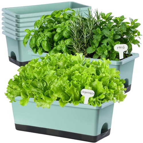 Window Box Planter 8 Pcs, 17 Inches Rectangle Flower Pots with Drainage Holes & Trays, Vegetable Planters for Windowsill Patio Garden Balcony Home Indoor Outdoor (Green, 16 * 7 * 6 inch) - color: Green