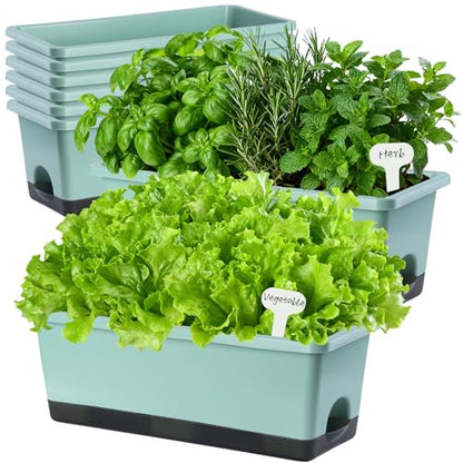 Window Box Planter 8 Pcs, 17 Inches Rectangle Flower Pots with Drainage Holes & Trays, Vegetable Planters for Windowsill Patio Garden Balcony Home Indoor Outdoor (Green, 16 * 7 * 6 inch) - color: Green