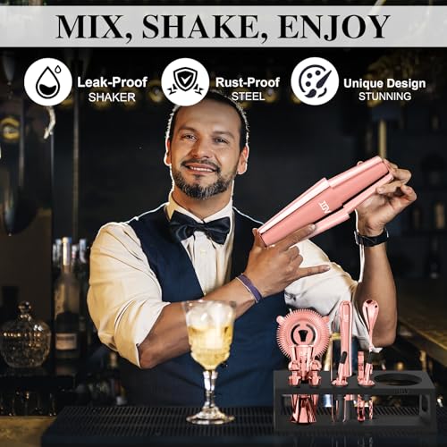 IOV Cocktail Shaker Set: 12-Piece Mixology Bartender Kit Bar Set | 16oz & 28oz Boston Shaker Drink Mixing Tools for Home with Recipe Booklet and Stand | Fun Housewarming Gift (Rose Gold) - color: 12 Pcs - Rose Gold