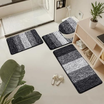 Bsmathom Bathroom Rug Set 4 Piece, Plush Microfiber Bath Mat, Black | Extra Water Absorbent, Non Slip Washable Runner Bath Rugs with Toilet Lid Cover and U-shaped Contour Toilet Mat - color: Black, size: 20"x31"+20"x59"+U20"x24"+Cover19"x21"