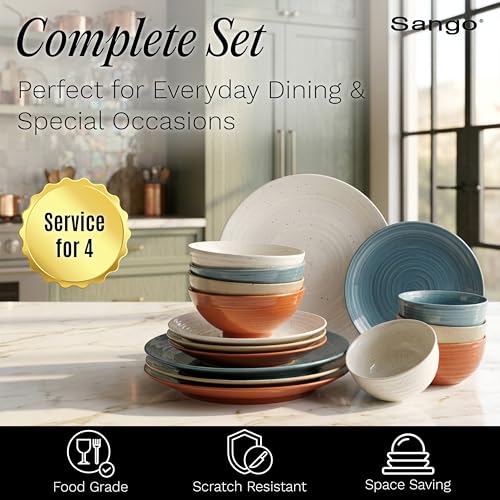 Sango Siterra Painter's Palette 16-Piece Stoneware Dinnerware Set - Service for 4, Ceramic Plates and Bowls Sets, Chip Resistant, Rustic Dishware, Microwave & Dishwasher Safe Kitchen Dishes - color: Rustic Mix, size: 16-Piece Set