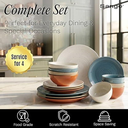 Sango Siterra Painter's Palette 16-Piece Stoneware Dinnerware Set - Service for 4, Ceramic Plates and Bowls Sets, Chip Resistant, Rustic Dishware, Microwave & Dishwasher Safe Kitchen Dishes - color: Rustic Mix, size: 16-Piece Set