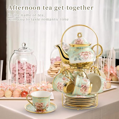 20 Pieces Porcelain Tea Set With Metal Holder, European Ceramic tea set for adults,Flower Tea Set,Tea Set For Women With Flower Painting（Light Green） - color: Light Green