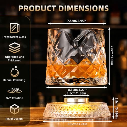 Luxury 360° Spinning Crystal Whiskey Glass Set Of 2, Rotating Old Fashioned Rocks Glasses & & 4 Color Lighting, Scotch & Bourbon, Cocktail Glasses for Bar, Party, Home, and Gift (Diamond) - color: Diamond