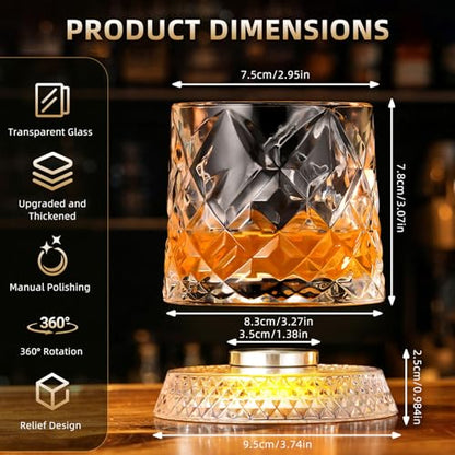 Luxury 360° Spinning Crystal Whiskey Glass Set Of 2, Rotating Old Fashioned Rocks Glasses & & 4 Color Lighting, Scotch & Bourbon, Cocktail Glasses for Bar, Party, Home, and Gift (Diamond) - color: Diamond