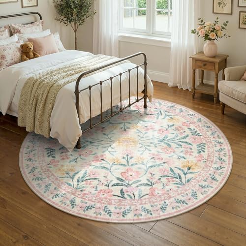 Lahome Pink 6ft Round Rug, Soft Circle Floral Rug for Tween Girls Bedroom | Machine Washable Non Slip Non Shedding Low Pile Carpet for Dorm Baby Nursery Playroom - color: Blush Pink, size: 6' (Round)