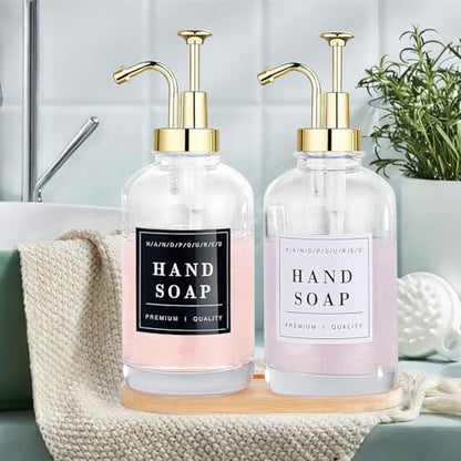 Dish and Hand Soap Dispenser, Set of 2 * 16.9oz | Glass Soap Dispenser with Pump,Tray,Funnel,500ML Countertop Soap and Lotion Dispenser for Kitchen, Bathroom Set - color: Ks-5010-34y-2g