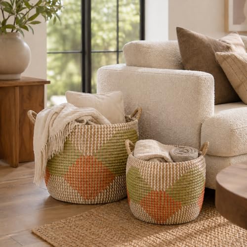 Set of 3 Handwoven Seagrass Storage Baskets with Handles, Decorative Round Wicker Basket Set for Blankets, Toys, Towels, Nursery, Living Room & Bedroom