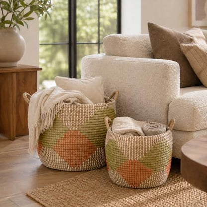 Set of 3 Handwoven Seagrass Storage Baskets with Handles, Decorative Round Wicker Basket Set for Blankets, Toys, Towels, Nursery, Living Room & Bedroom