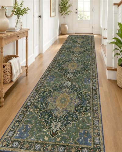 OLANLY 2'6"x14' Washable Runner Rug, Non Slip Carpet for Hallway Kitchen | Dark Green Boho Vintage Floral Medallion Farmhouse Rug Spill & Stain Resistant Low Pile for Entryway Laundry Mudroom Corridor - color: Dark Green, size: 2'6" x 14' (Runner)