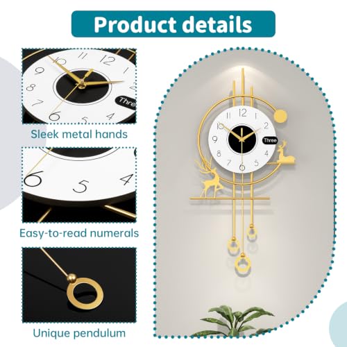 Modern Wall Clocks Battery Operated Silent Clock for Living Room | Analog Large Decorative Wall Clock Non-Ticking Gold Iron Pendulum Clock for Kitchen Bedroom Farmhouse Office Decor 13x24 inch - style: Casual