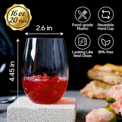 FOCUSLINE 20 Pack 16 Oz Plastic Wine Glasses, Stemless Plastic Wine Cups | Thick and Durable, Shatter-Resistant, and Reusable; Ideal for Weddings, Parties, Toasts, and Various Celebrations - color: 16OZ-20-CLEAR