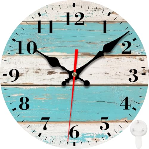 Wall Clock, Rustic Blue and White Painted Wood Silent Non Ticking Battery Operated Round Decorative Indoor Outdoor Clocks for Living Room Kitchen Bedroom Bathroom Patio 12" - color: Rustic Blue and White Painted Wood