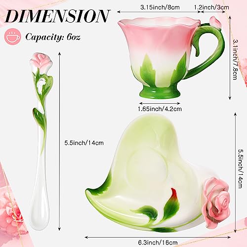 Dandat Ceramic Rose Tea Cups and Saucers with Spoon Rose Flower Shaped Cup and Sauce Set Cute 6oz Tea Cups Flower Mug Mother's Day Grauation Birthday Appreciation Teacher Gifts for Home Office Kitchen