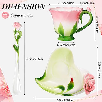 Dandat Ceramic Rose Tea Cups and Saucers with Spoon Rose Flower Shaped Cup and Sauce Set Cute 6oz Tea Cups Flower Mug Mother's Day Grauation Birthday Appreciation Teacher Gifts for Home Office Kitchen