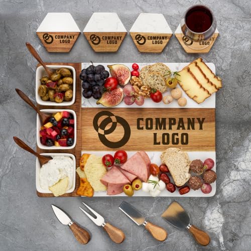 AWESOMETIK Personalized Corporate Gift, Client Gifts, Acacia Wood & Marble Charcuterie Board – Engraved Cheese Board Set – Realtor Closing, Employee Appreciation, Custom Company Gifts, Thank you Gifts