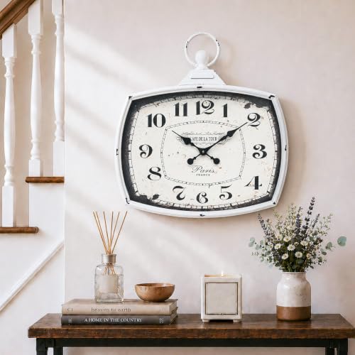 Large Farmhouse Wall Clock, Vintage Metal Rectangle Silent Battery Operated Wall Clock, Antique Old Design Style, Wall Clocks for Living Room,Kitchen,Bedroom,Office (25" H x 24" W)-White - color: White-24"×25"