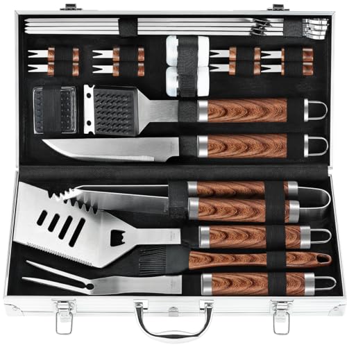 POLIGO 22PCS Heavy Duty BBQ Grill Accessories Set, Non-Slip Grill Tools for Outdoor Grill Set Stainless Steel Grill Utensils Set, Deluxe Grilling Tools Set in Aluminum Case Ideal Gifts for Men Brown - color: Brown