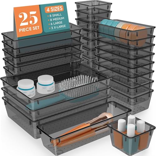 25 PCS Drawer Organizer Set, 5 Size Bathroom and kitchen organizer Trays | Bathroom and kitchen Drawer cabinet organizer Trays, Clear Storage Bins for Makeup, Jewelry, Utensils and Gadgets - color: Black, size: 25 PCS