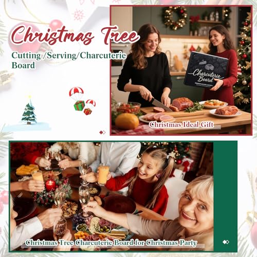 10 Pcs Christmas Tree Charcuterie Board Gift Set Kitchen Utensils Gifts | Include Marble Wood Cutting Serving Tray, Cheese Knives Fork, Honey Stick, Wine Stopper and Dish, Xmas Holiday Party Favor