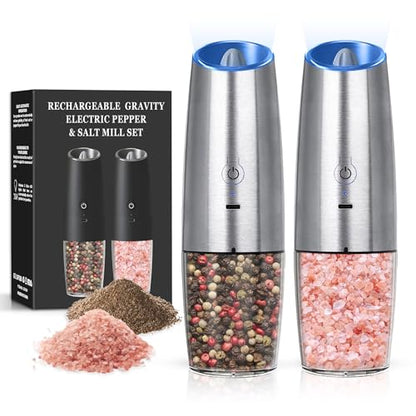Rechargeable Gravity Salt Pepper Grinder Set, 2 Pack (Silver) | Gravity Rechargeable Grinder With Led Light & Adjustable Coarseness, No Extra Batteries Needed For Kitchen Seasoning - color: Rechargeable/2pcs/Silver
