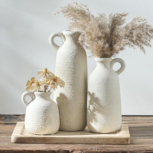 Ceramic Vase Set of 3 with Handle, Neutral Rustic Vases Home Decor Farmhouse Decorative Vase Whitewashed Pottery Decor Modern for Table Mantel Entryway Bookshelf Living Room Kitchen Bedroom - White - color: 010 - White