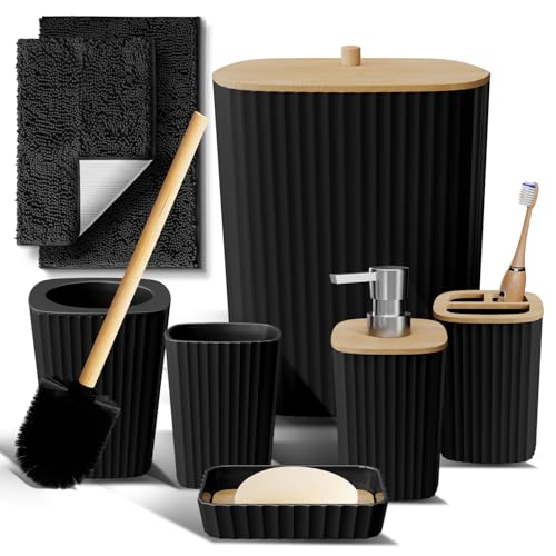 Clara Clark Bathroom Set - Black Bathroom Accessories Set, 6PC Bathroom Accessory Set, Bathroom Sets with Bathroom Rugs, Toilet Brush, Trash Can & Soap Dispenser - color: Black, size: Complete Set + Bath Rugs