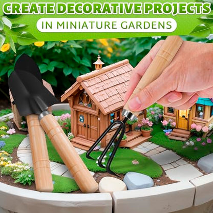 Mini Garden Tools for House Plants, Mini Shovel, Trowel & Hand Rake | Small Garden Tools for Potted Plants, Bonsai and Succulents; Rust-Resistant Heads; Wood Handles; Repotting and Soil Loosening