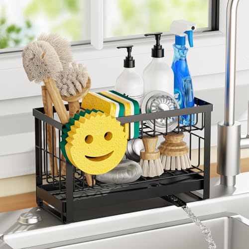 Sponge Holder for Kitchen Sink with Flexible Smiley Face, 2 Tier Kitchen Sink Organizer, Countertop and Storage Essentials, Soap Dispenser Organizer, Home Decor Accessories - Black - color: 2 Tier Black