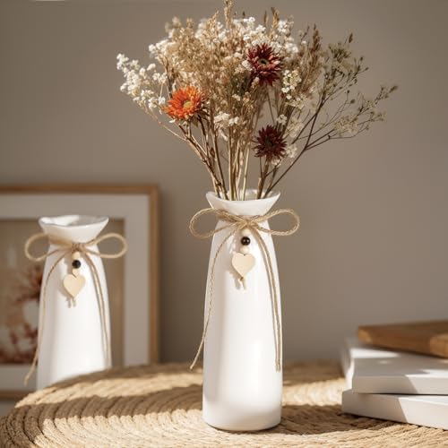 8 Inch Ceramic Vase with Jute Rope & Heart Charm, Elegant White Decorative Vase for Home Décor & Table Centerpieces - style: Slim