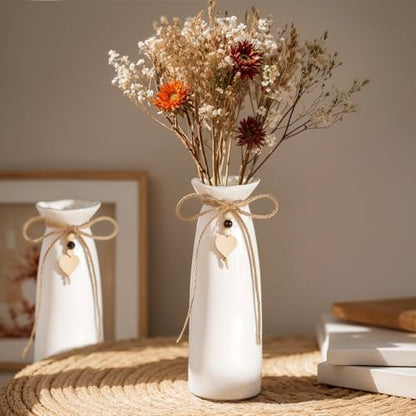 8 Inch Ceramic Vase with Jute Rope & Heart Charm, Elegant White Decorative Vase for Home Décor & Table Centerpieces - style: Slim