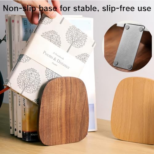 2-Pack Oval Beech Bookends, 5.5x4.7in | Solid Wood, Natural Grain, Non-Slip Base, One-Piece Design, for Shelves/Desk/Home Office - color: Beech Oval